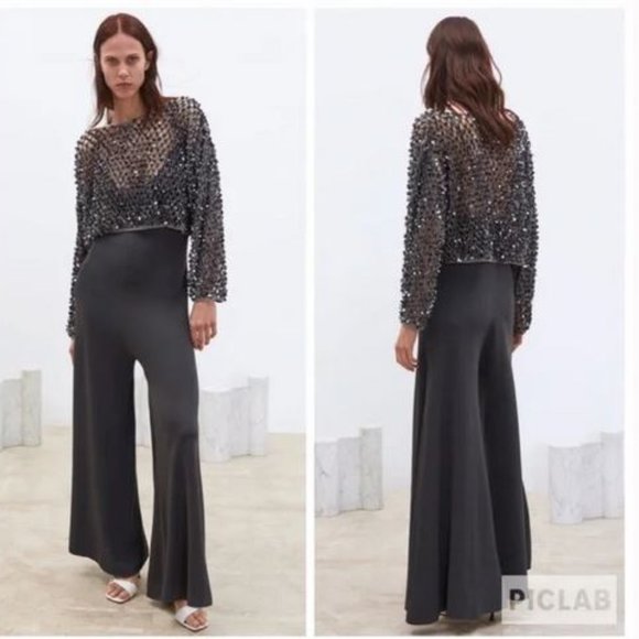 Zara Grey Knit Strappy Wide Flare Leg Jumpsuit, NWT, S - Picture 2 of 14